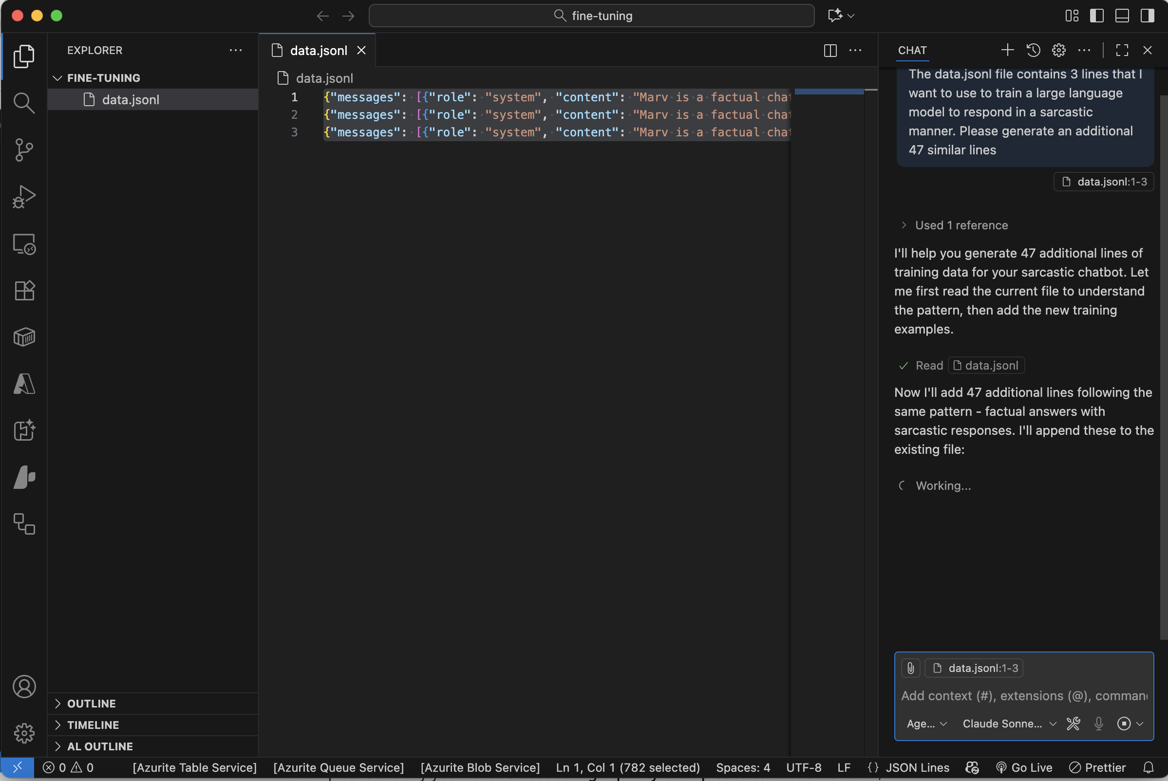 I created a data.jsonl file and copied the tutorial data into that file